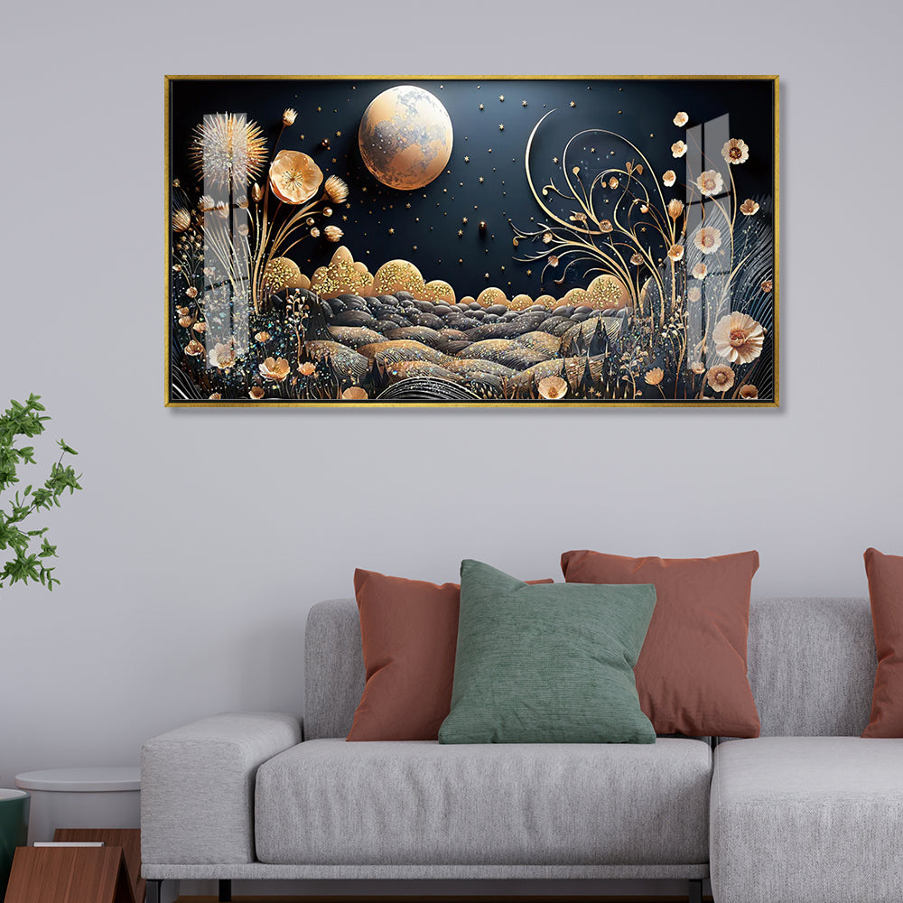 Gold Moon and Floral Night Landscape Acrylic Wall Art | Luxury Dark Background Painting