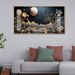 Gold Moon and Floral Night Landscape Acrylic Wall Art | Luxury Dark Background Painting