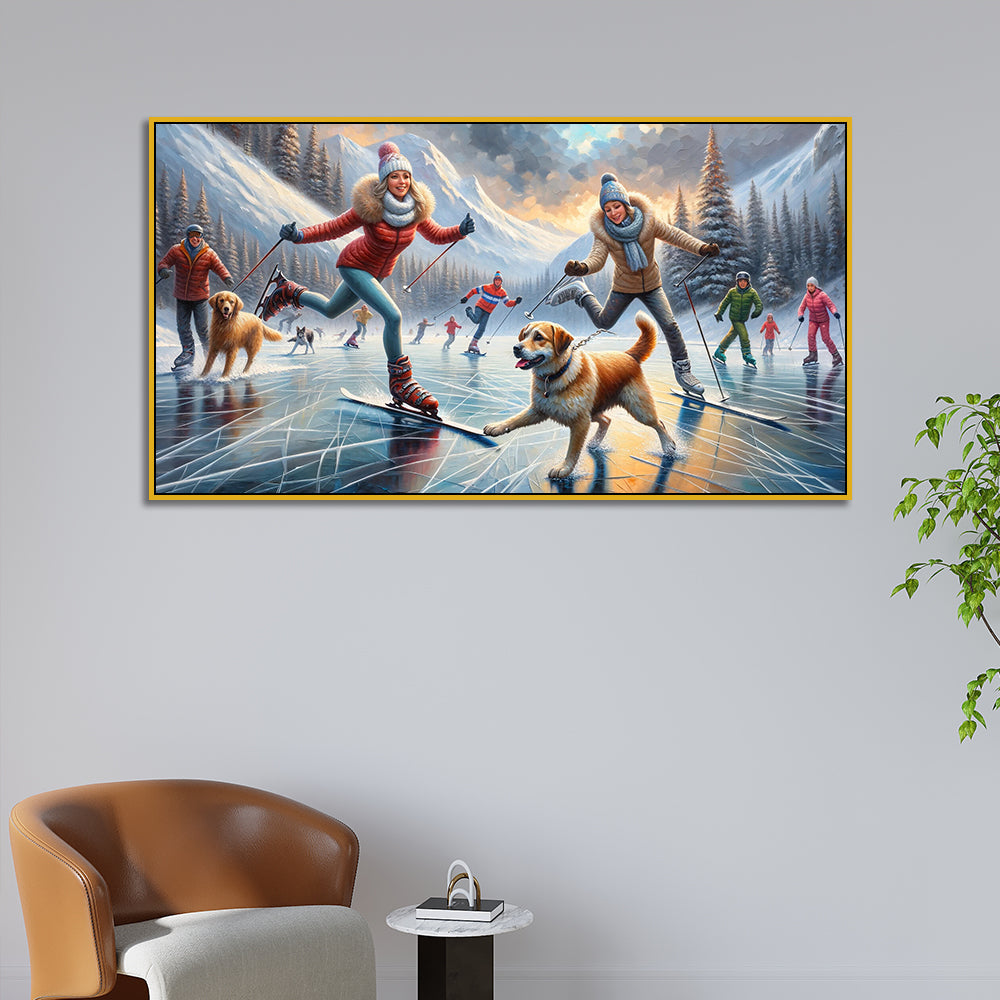 Frozen Lake Adventures: Couple and Dogs in a Winter Wonderland Lake Canvas Print Wall Painting