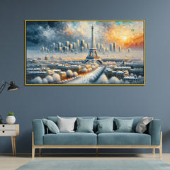 Eiffel Tower in Snowlight – Winter Sunset Over Snowbound Paris Canvas Print Wall Painting