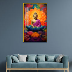 Vibrant Meditating Buddha Acrylic Wall Paintings on a Lotus Throne