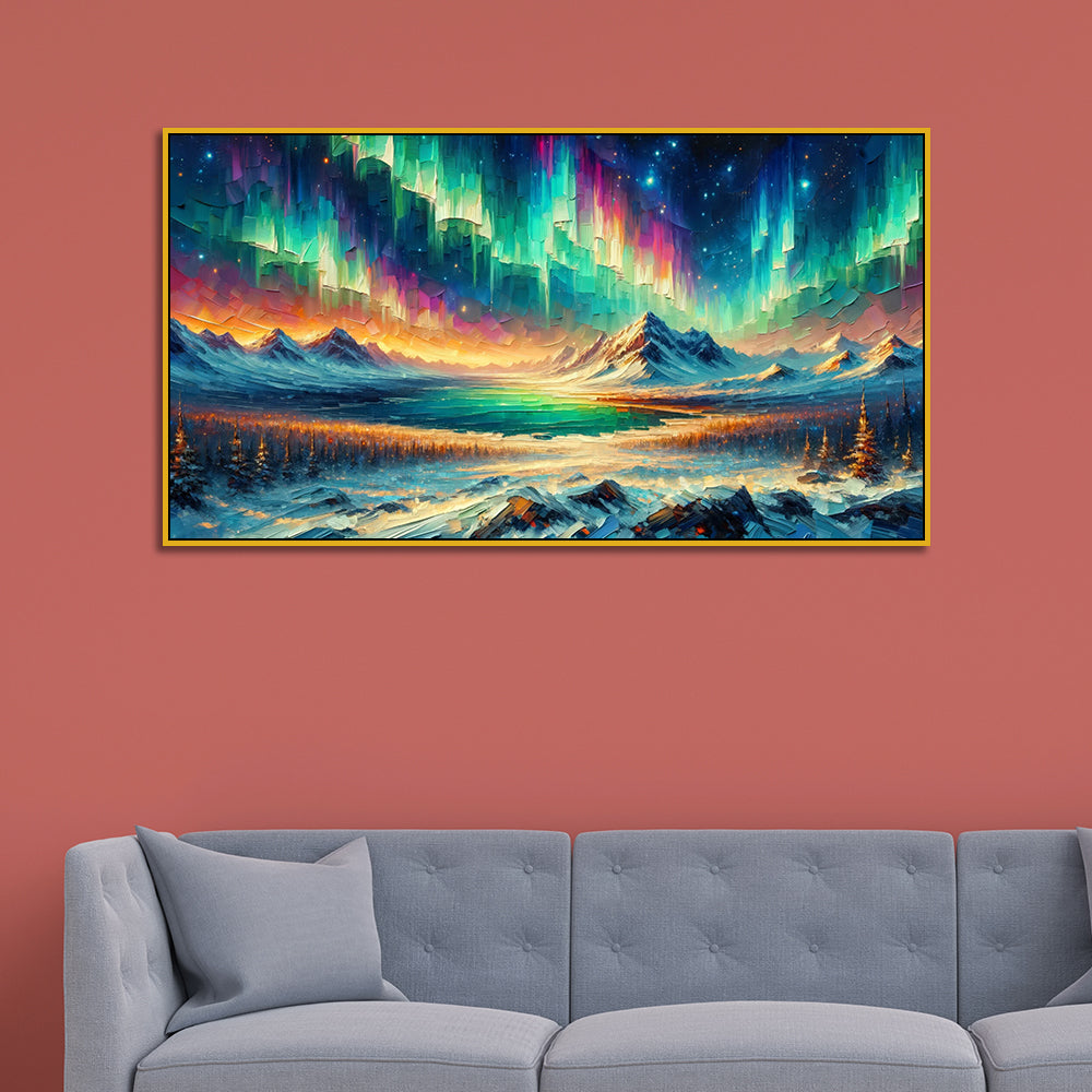 Aurora : Mystic Skies Over Snowy Mountains Canvas Print Wall Painting
