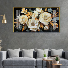Luxury White and Gold Textured Floral Acrylic Wall Art on Black Background