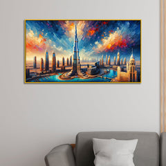 Modern Skyline with Burj Khalifa and Colorful Sky Canvas Print Wall Painting