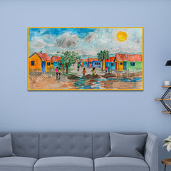 Colorful Village Scenery with sun rising canvas printed Wall Painting