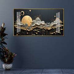 Abstract Gold and Grey Cloud Wall Decor, 3D Moon Canvas Painting,