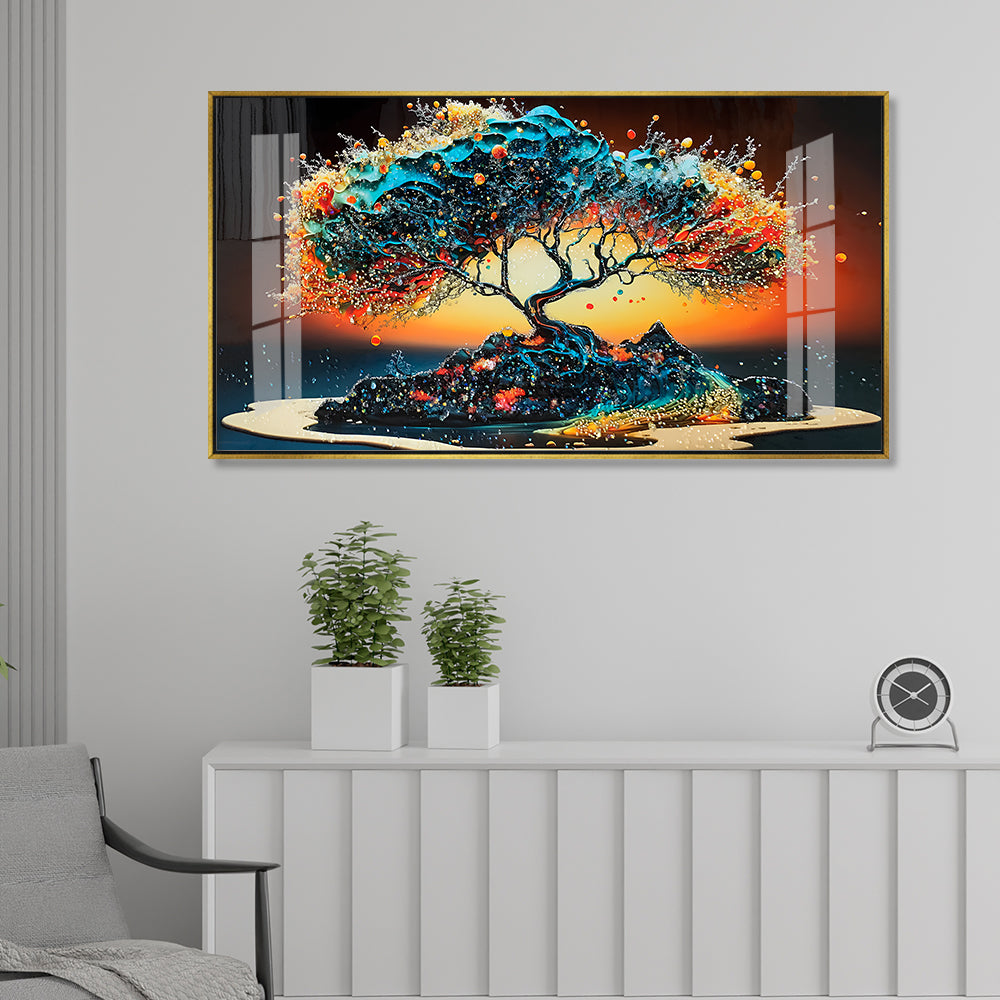 Abstract Colorful Tree of Life Acrylic Wall Art | Vibrant Sunset Landscape Painting