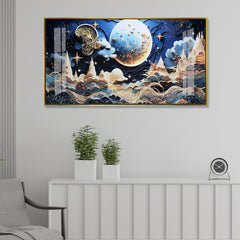 Luxury Fantasy Moonscape Acrylic Wall Art | Blue and Gold Cityscape Dream Painting