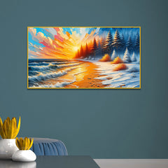 Abstract Golden Sunset Beach with Snowy Forest Canvas Print wall painting