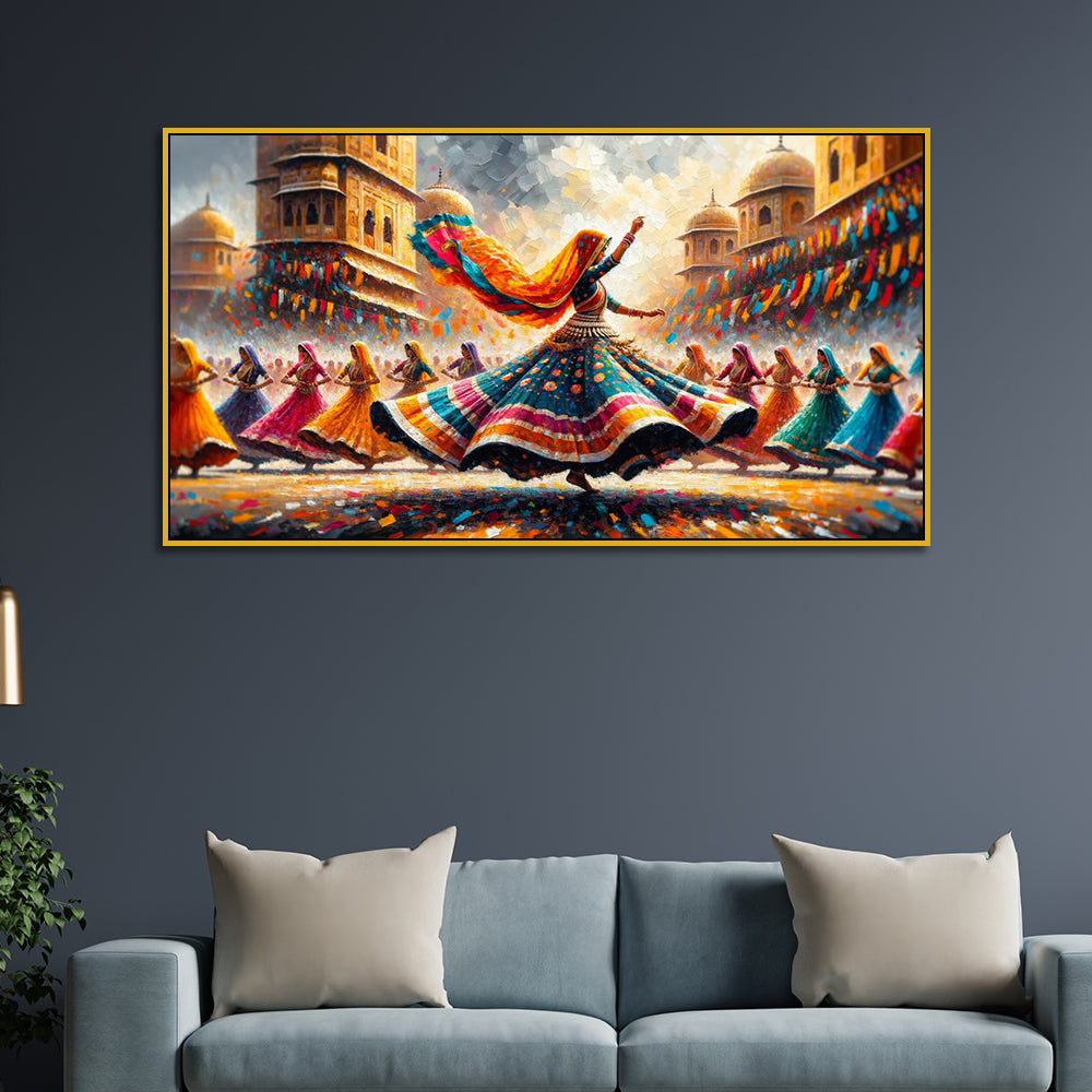 Lively Traditional Indian Folk Dance Artwork with Vibrant Colors Canvas Print Wall Art