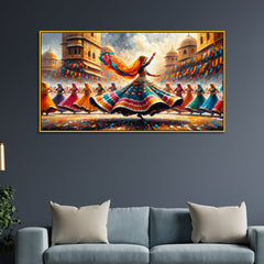 Lively Traditional Indian Folk Dance Artwork with Vibrant Colors Canvas Print Wall Art
