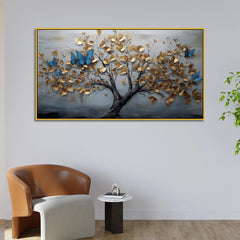 Elegant Golden Tree Wall Art with Blue Butterflies – 3D Textured Canvas Painting