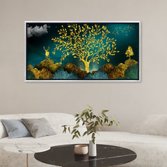 Premium Luxury Gilded Golden Tree and Stag Abstract Wall Art | Dark Teal Textured Landscape Canvas
