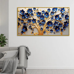 Stunning 3D Golden Tree Wall Art – Deep Blue Blossoms with Gold Accents on Light Canvas