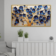 Stunning 3D Golden Tree Wall Art – Deep Blue Blossoms with Gold Accents on Light Canvas