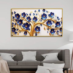 Elegant 3D Golden Tree Wall Art – Bold Blue Blossoms with Flowing Gold Branches