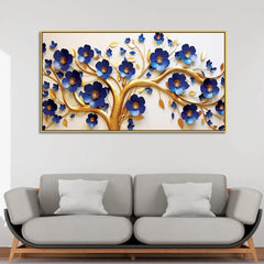 Elegant 3D Golden Tree Wall Art – Bold Blue Blossoms with Flowing Gold Branches