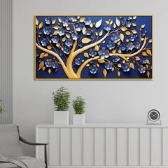 Luxury 3D Golden Tree Wall Art – Blue Floral Blossoms with Golden Leaves on Deep Navy Background