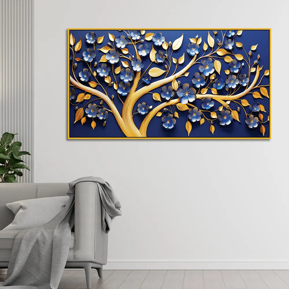 Luxury 3D Golden Tree Wall Art – Blue Floral Blossoms with Golden Leaves on Deep Navy Background
