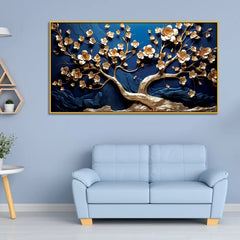 Elegant 3D Golden Blossom Tree Wall Art – Textured Blue Background with Flowing Branch Design