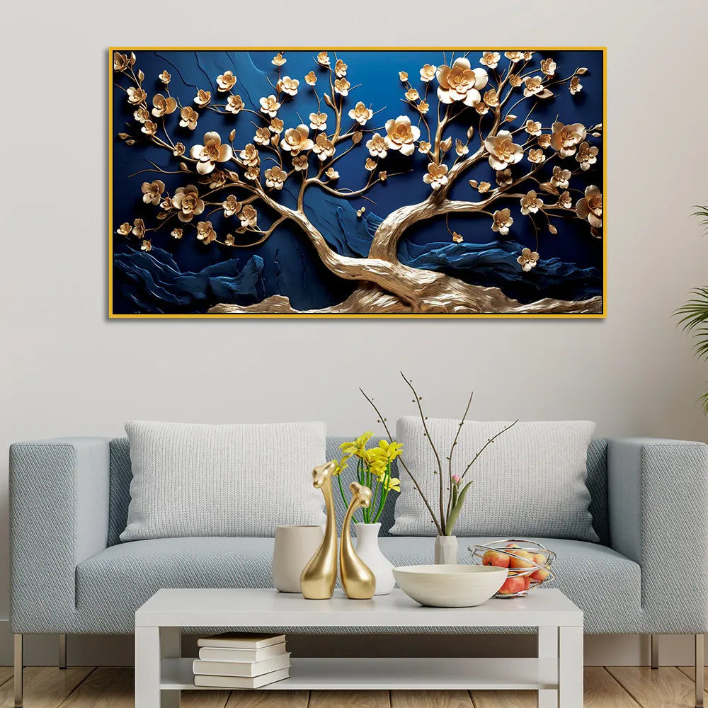 Elegant 3D Golden Blossom Tree Wall Art – Textured Blue Background with Flowing Branch Design
