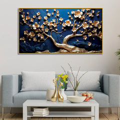 Elegant 3D Golden Blossom Tree Wall Art – Textured Blue Background with Flowing Branch Design
