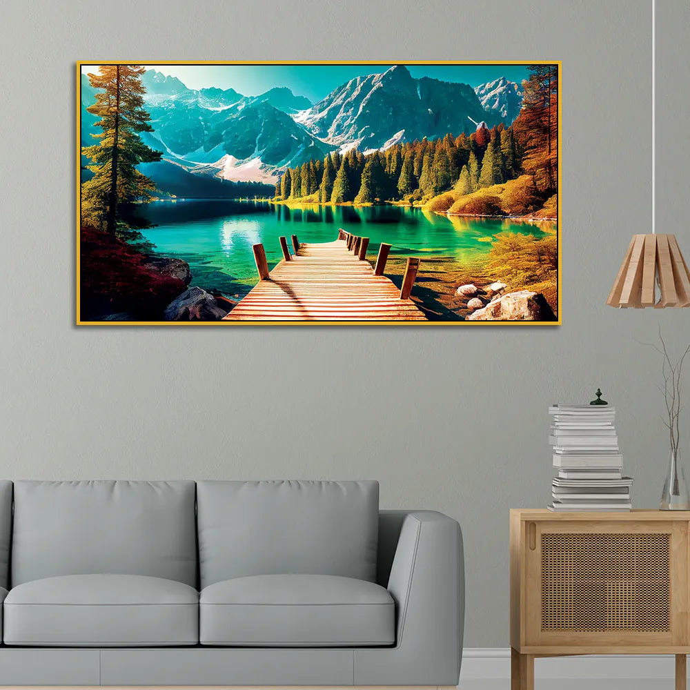 Scenic Mountain Lake Dock Wall Art – Vibrant Landscape with Forest, Water, and Snow-Capped Peaks