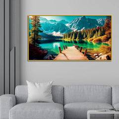 Scenic Mountain Lake Dock Wall Art – Vibrant Landscape with Forest, Water, and Snow-Capped Peaks