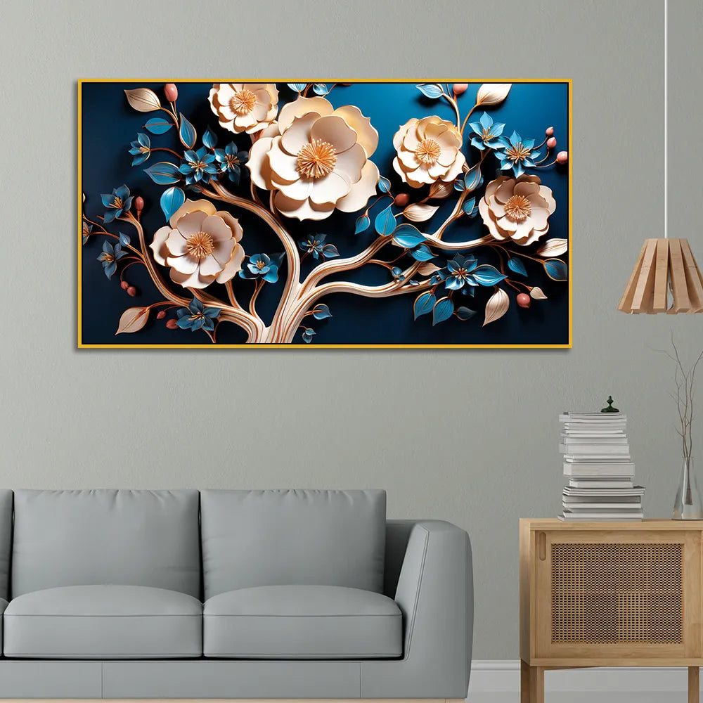 Luxury Floral Wall Art – 3D Gold and Blue Blossom Tree on Deep Blue Canvas