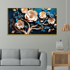 Luxury Floral Wall Art – 3D Gold and Blue Blossom Tree on Deep Blue Canvas