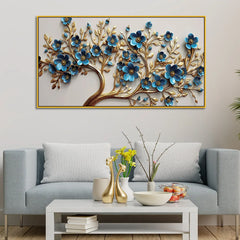 Elegant 3D Golden Tree Wall Art with Blue Floral Accents – Modern Home Décor Panel