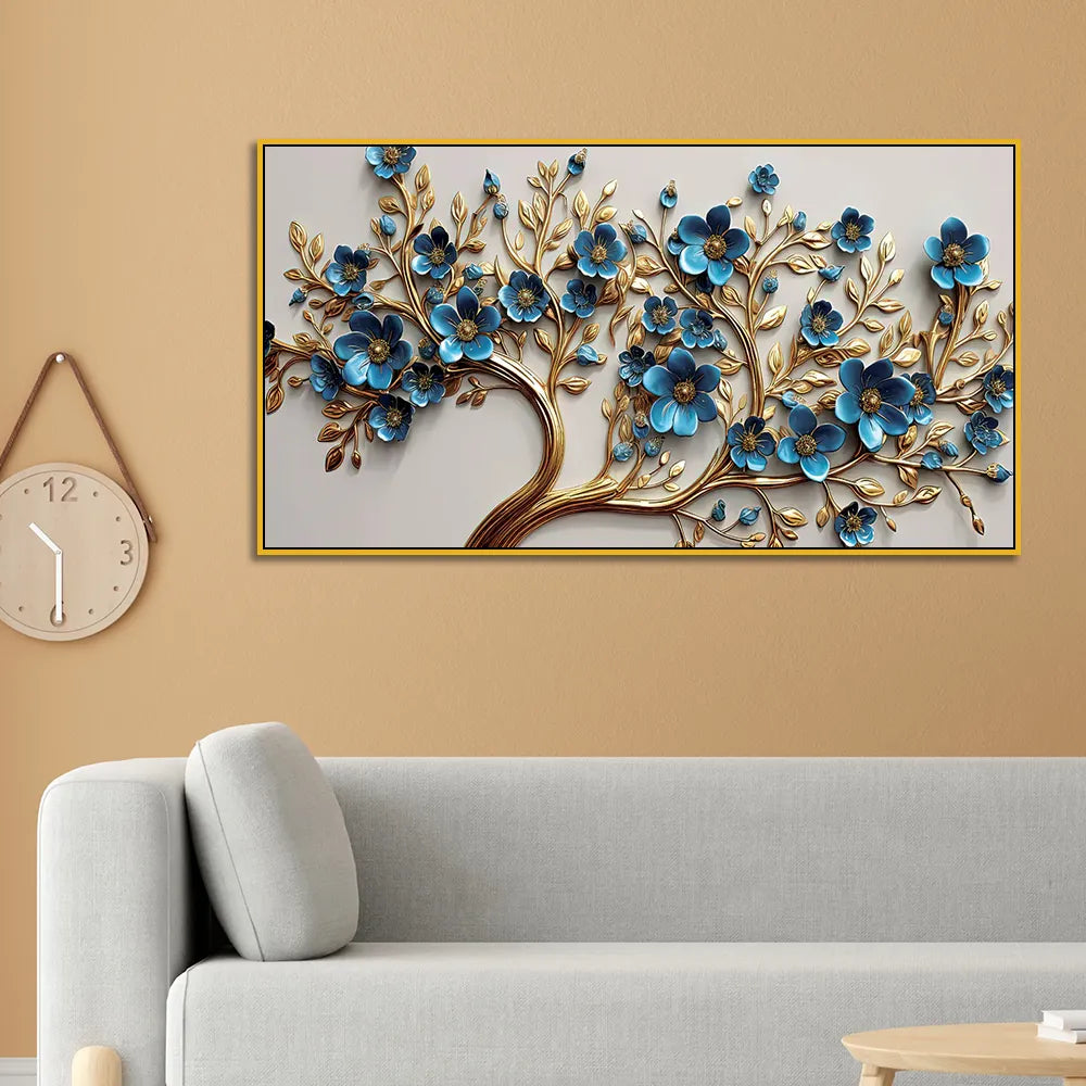 Elegant 3D Golden Tree Wall Art with Blue Floral Accents – Modern Home Décor Panel