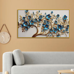 Elegant 3D Golden Tree Wall Art with Blue Floral Accents – Modern Home Décor Panel