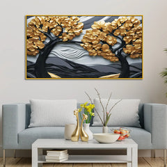 Luxury 3D Golden Tree Landscape Wall Art – Textured Modern Canvas for Elegant Home Décor