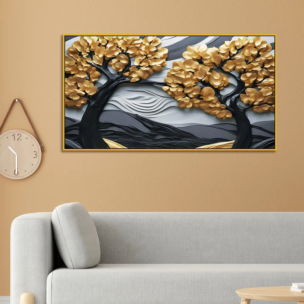 Luxury 3D Golden Tree Landscape Wall Art – Textured Modern Canvas for Elegant Home Décor