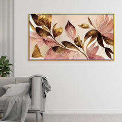 Modern Floral Wall Art with Golden and Blush Leaves – Elegant Botanical Canvas for Contemporary Interiors