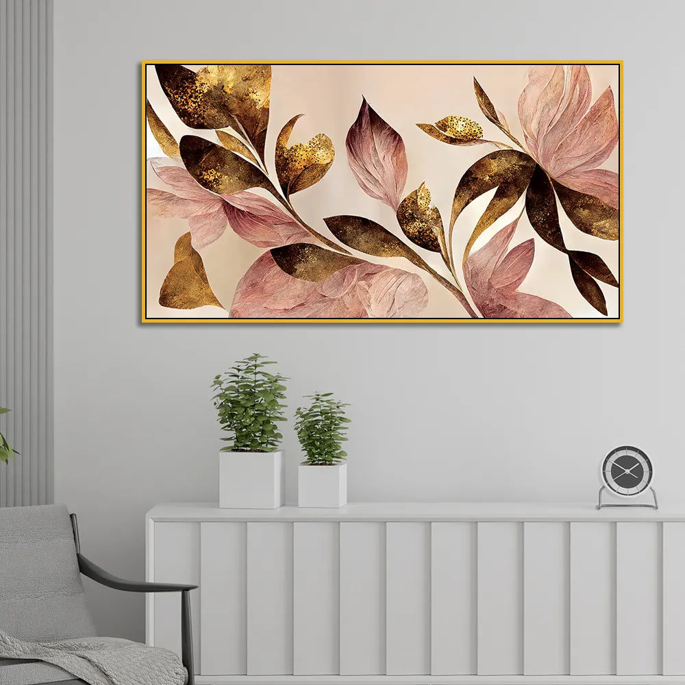 Modern Floral Wall Art with Golden and Blush Leaves – Elegant Botanical Canvas for Contemporary Interiors