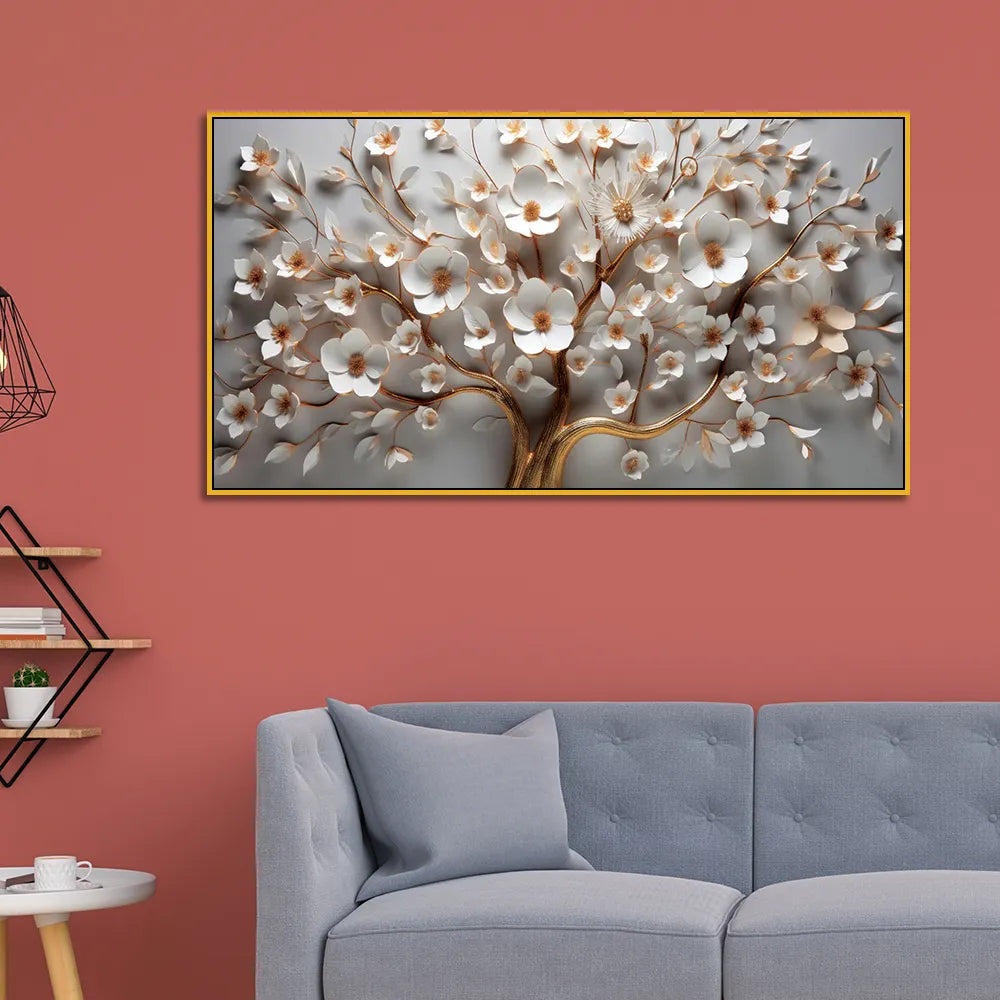 3D White Blossom Tree Wall Art – Elegant Gold Accented Floral Canvas for Modern Home Décor