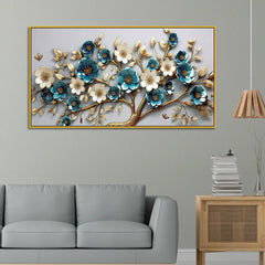 Luxurious 3D Floral Tree Wall Art – Teal and White Blossoms with Gold Detailing for Elegant Interior Décor