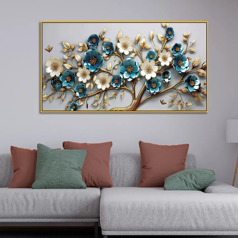 Luxurious 3D Floral Tree Wall Art – Teal and White Blossoms with Gold Detailing for Elegant Interior Décor