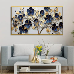 Elegant 3D Golden Floral Wall Art – Deep Blue Blossoms and Metallic Leaves for Modern Home Décor