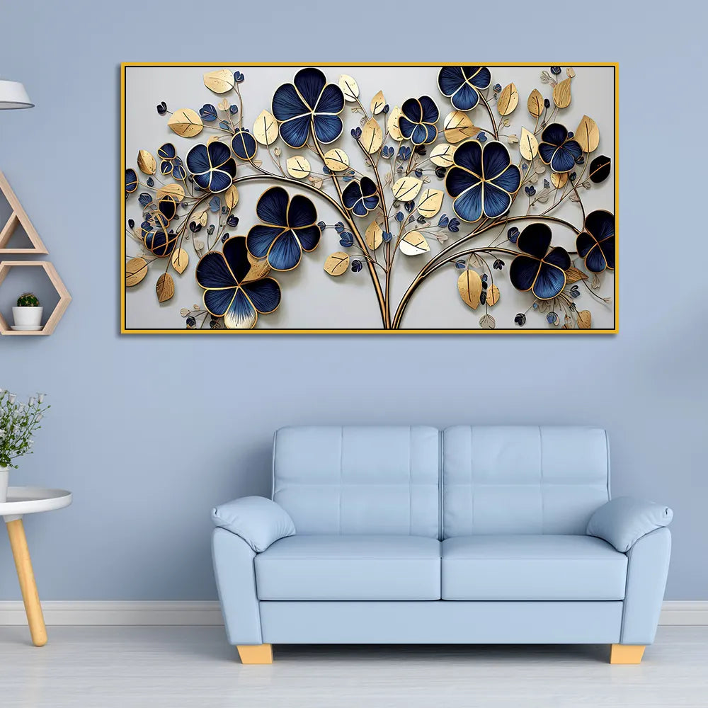 Elegant 3D Golden Floral Wall Art – Deep Blue Blossoms and Metallic Leaves for Modern Home Décor