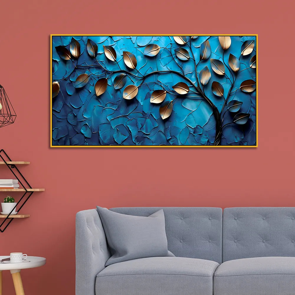 Luxurious 3D Golden Leaf Wall Art – Metallic Leaves on Textured Blue Background for Contemporary Decor
