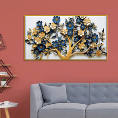 Elegant 3D Floral Tree Wall Art – Gold and Navy Blue Blossoms on White Canvas