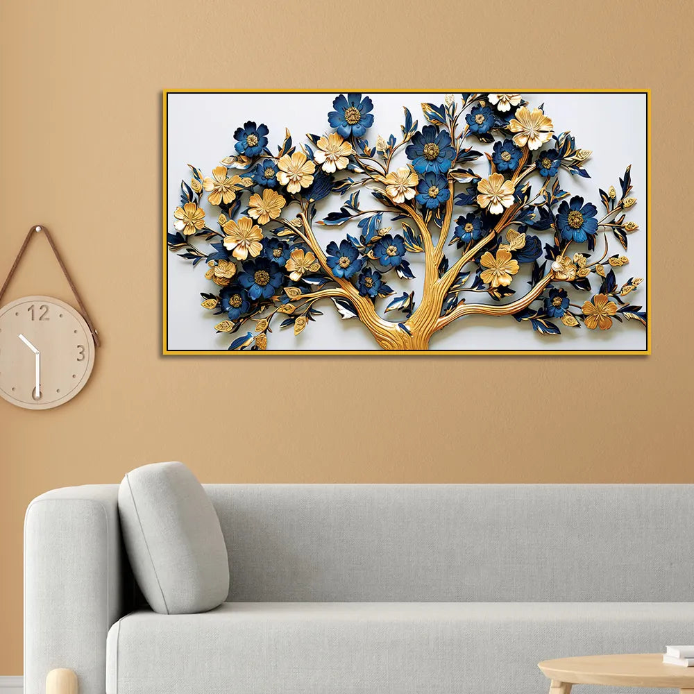 Elegant 3D Floral Tree Wall Art – Gold and Navy Blue Blossoms on White Canvas