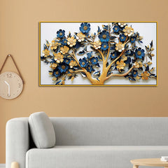 Elegant 3D Floral Tree Wall Art – Gold and Navy Blue Blossoms on White Canvas