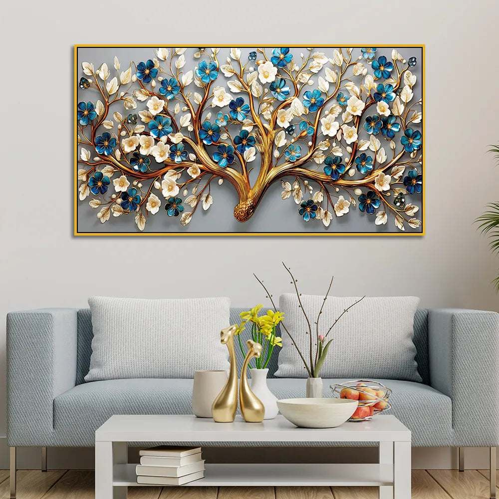 Luxury 3D Blooming Tree Wall Art – Gold Trunk with Blue and White Flowers on Grey Canvas