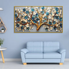 Luxury 3D Blooming Tree Wall Art – Gold Trunk with Blue and White Flowers on Grey Canvas