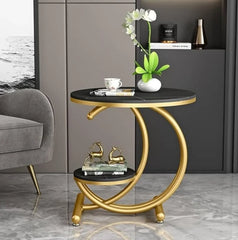 Black Marble Side Table with Gold Ring and Shelf