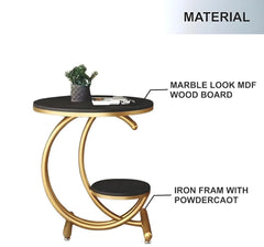 Black Marble Side Table with Gold Ring and Shelf